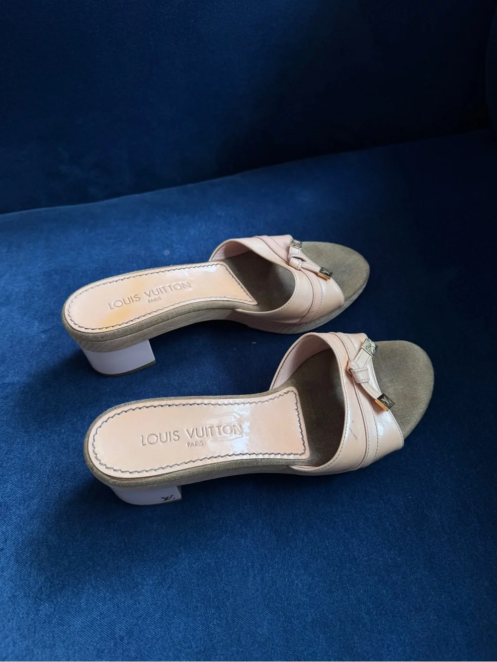 Louis Vuitton Signature Logo Wooden Tan pink Patent Leather Mule Sandals Size 38